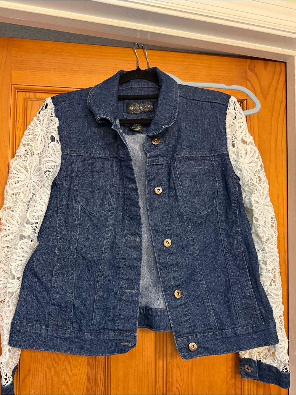 Women’s Dark Blue Denim Jacket with White Lace Sleeves with 4 pockets